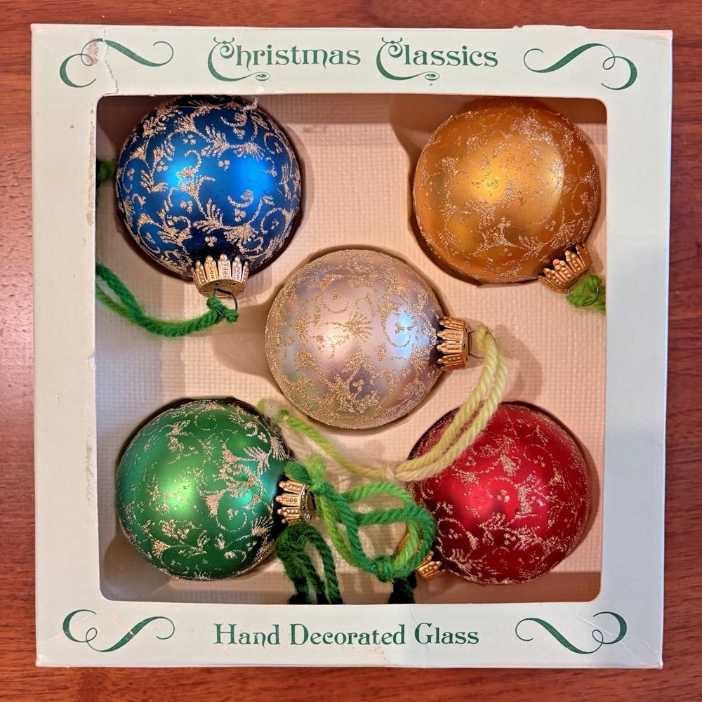 Vintage Christmas by Krebs Glass Ornaments Multicolor Set 5 Hand Decorated Glass